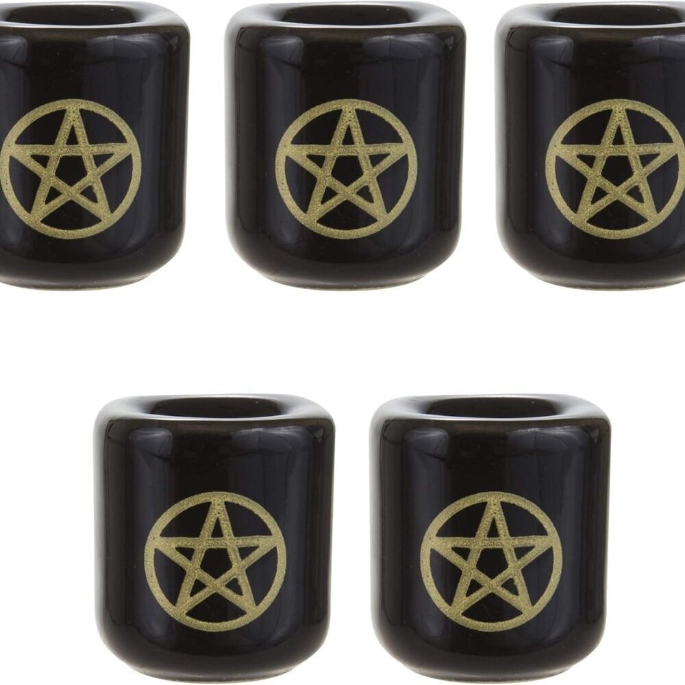 5 pcs Ceramic Gold Pentacle Chime Ritual Spell Candle Holder - Black